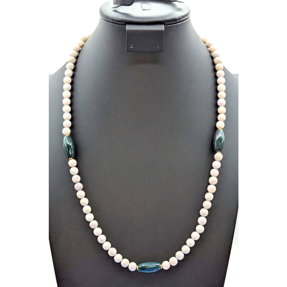 Vintage Jasper & Green Stone Beaded Patent Pending Gold Tone Clasp 26" Necklace